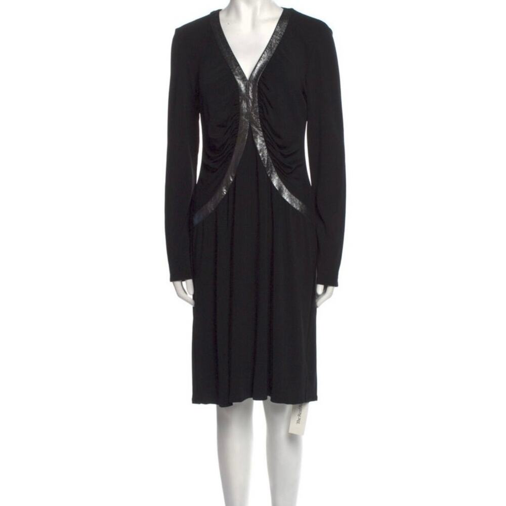 Lafayette 148 Dress Shimmer Metallic Silver Trim Ruched Midi Black Women's Sz 10